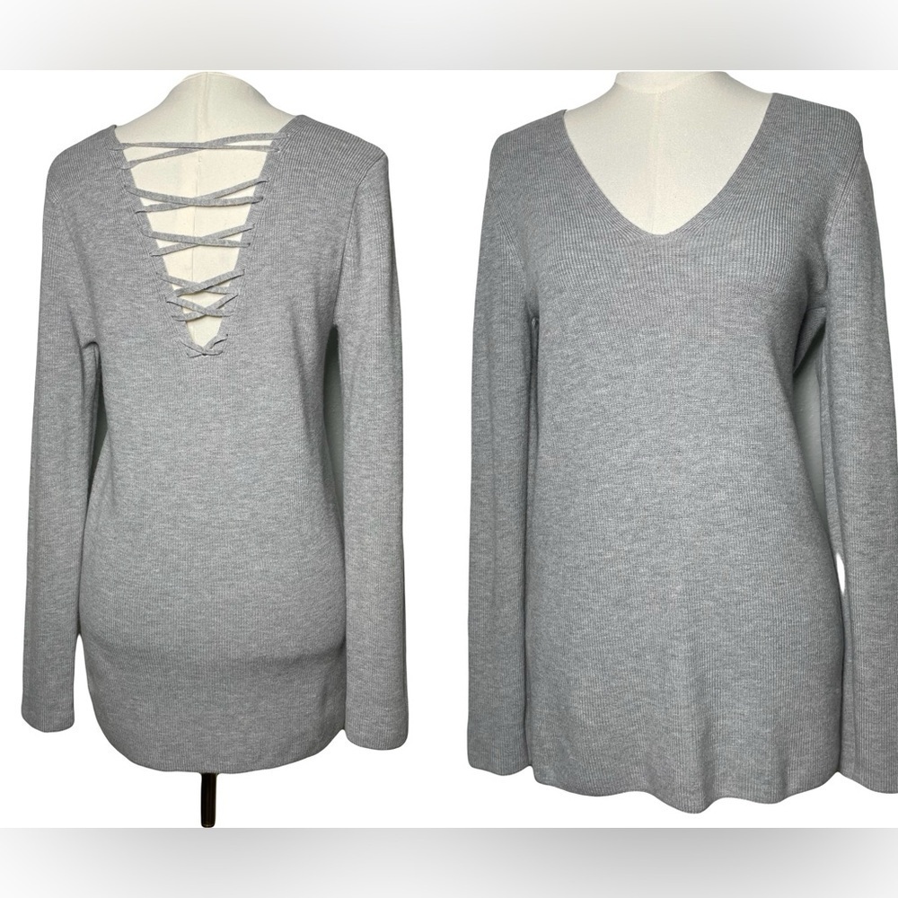 Nordstrom Trouvé Gray V-Neck Lattice Back Cashmere Blend Sweater Women’s Size M
